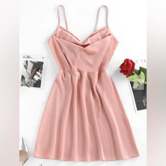 ZAFUL Bownit Draped Satin A-Line Slip Pink Dress NWT - Picture 1 of 4